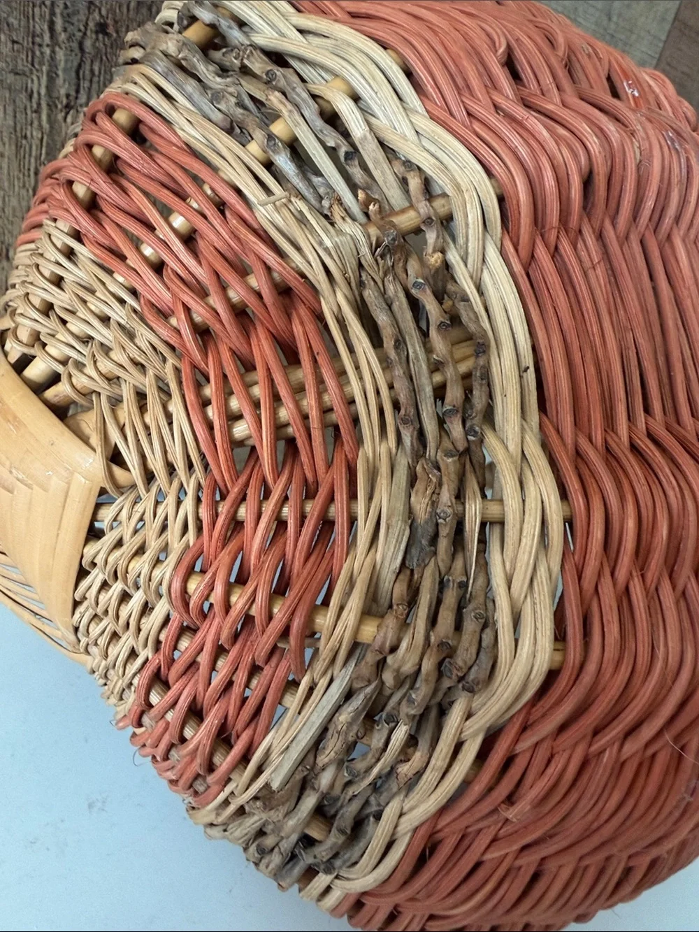 Vintage Primitive Woven Buttocks Basket with God’s Eye in Natural and Terracotta